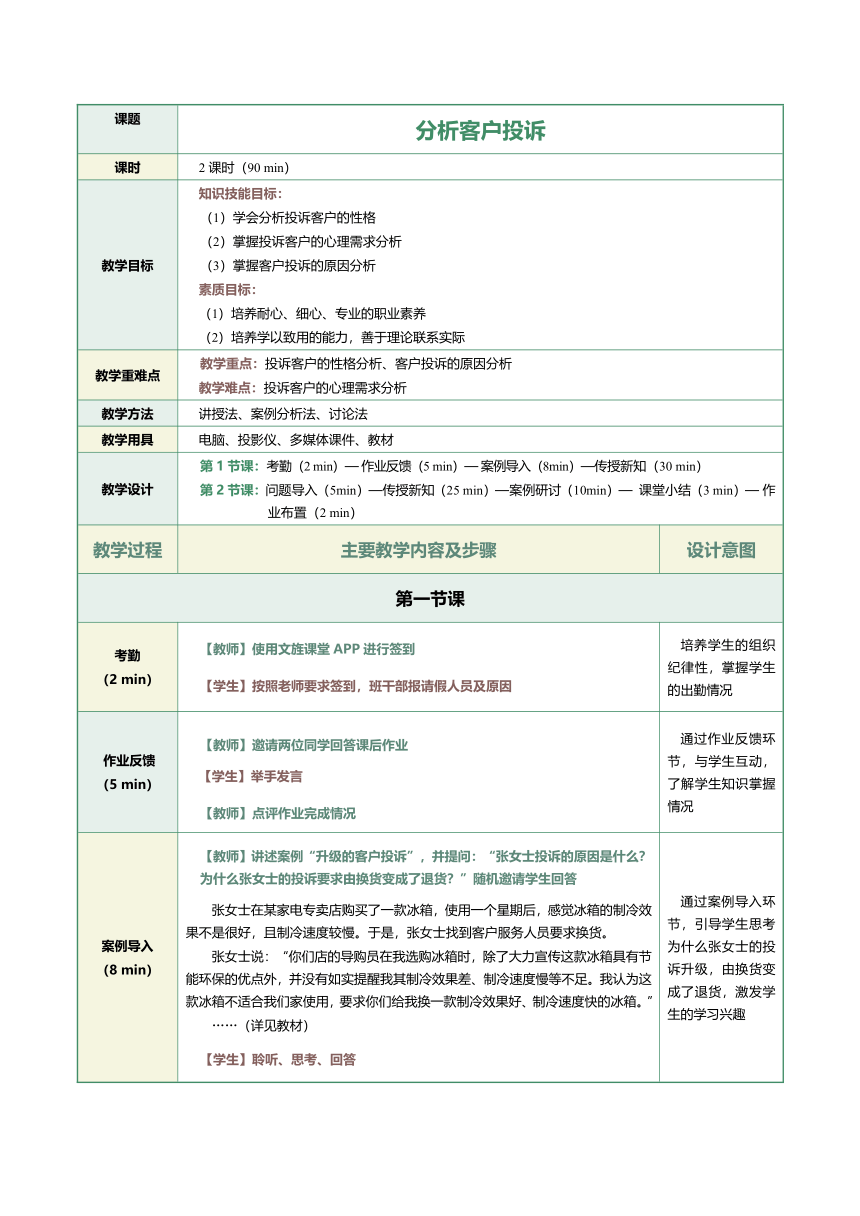 10.1   分析客户投诉   教案（表格式）《客户服务与管理》（江苏大学出版社）