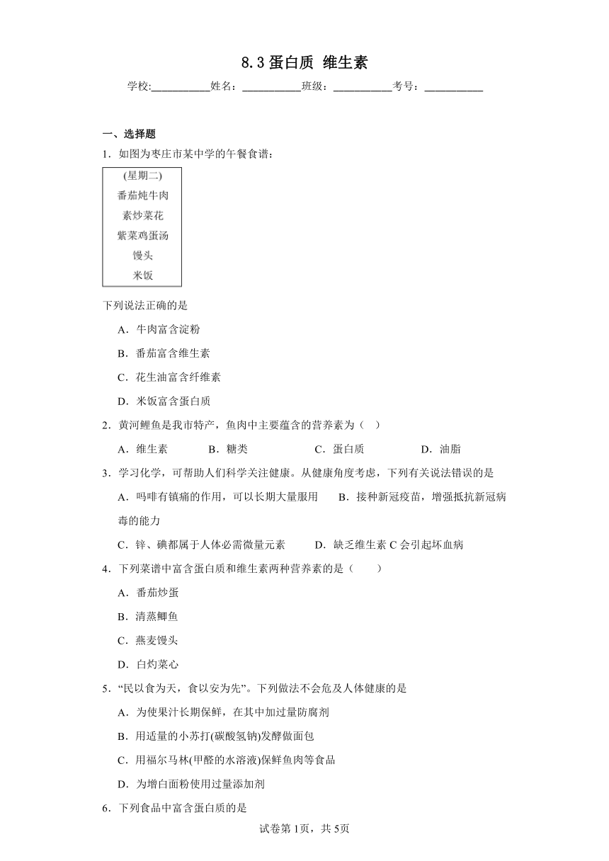 8.3蛋白质维生素同步练习 （含解析）沪教版（全国）初中化学九年级下册