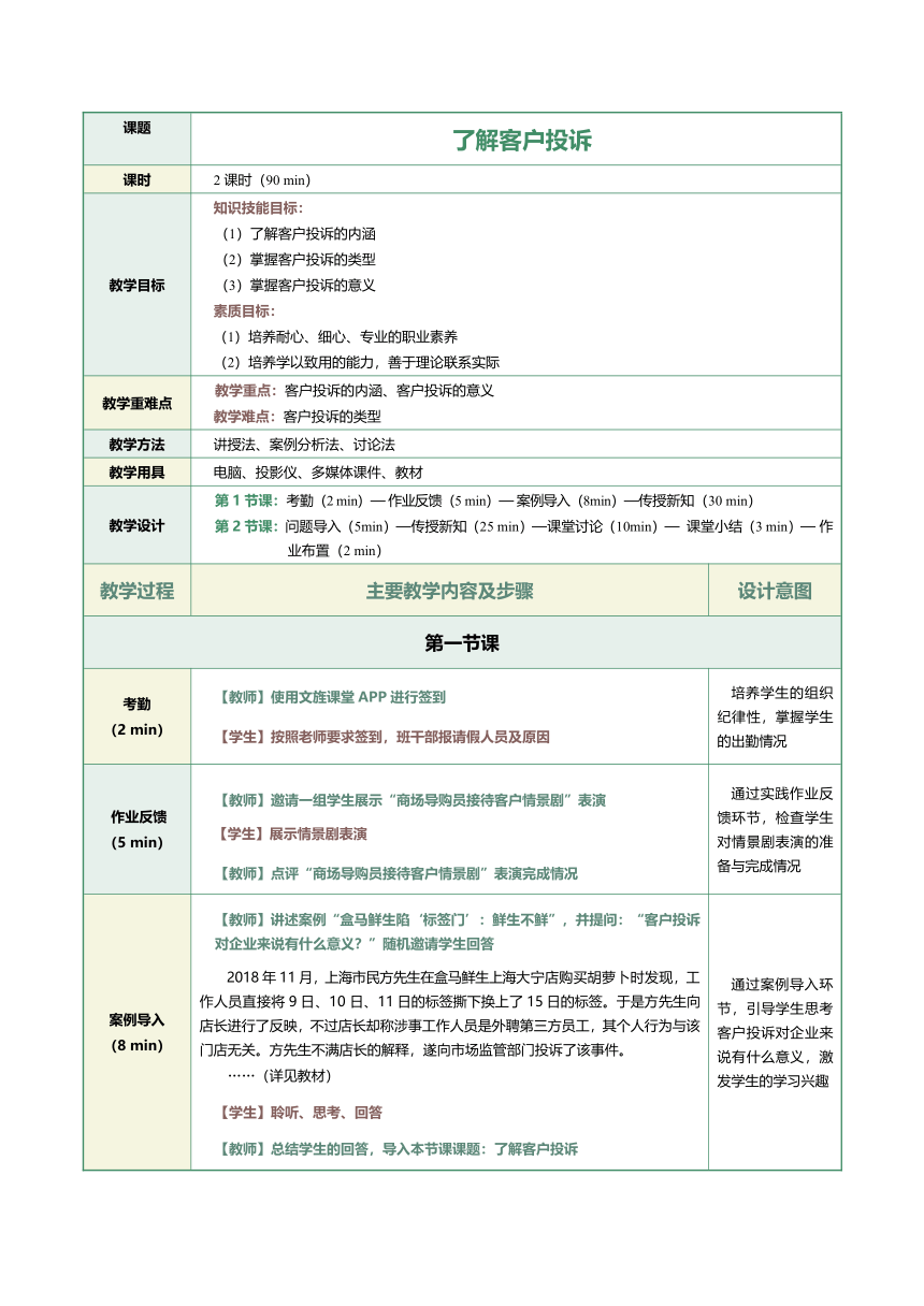 9.1 了解客户投诉 教案（表格式）《客户服务与管理》（江苏大学出版社）