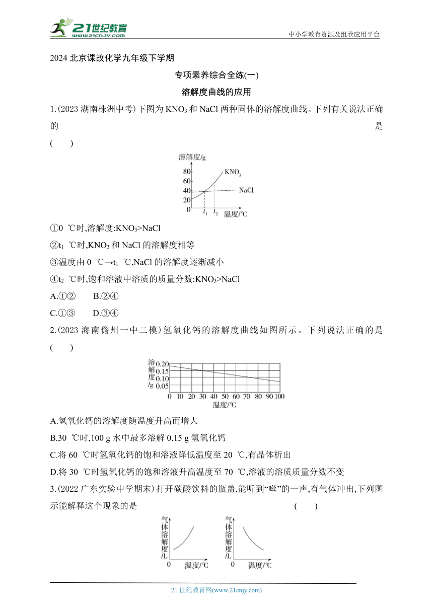 2024北京课改化学九年级下学期课时练--专项素养综合全练（一）   溶解度曲线的应用