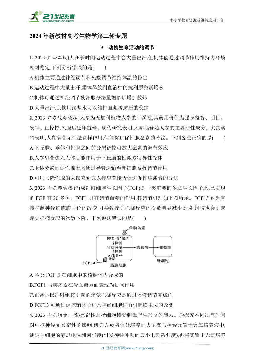 【备考2024】高中生物二轮专题练习  9.动物生命活动的调节（含解析）