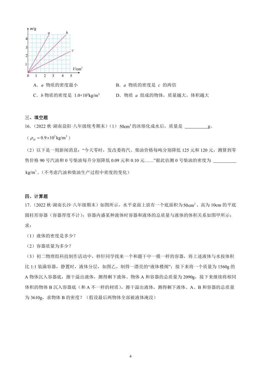 6.2 密度 同步练习 （含答案）2022－2023学年上学期湖南省各地八年级物理期末试题选编