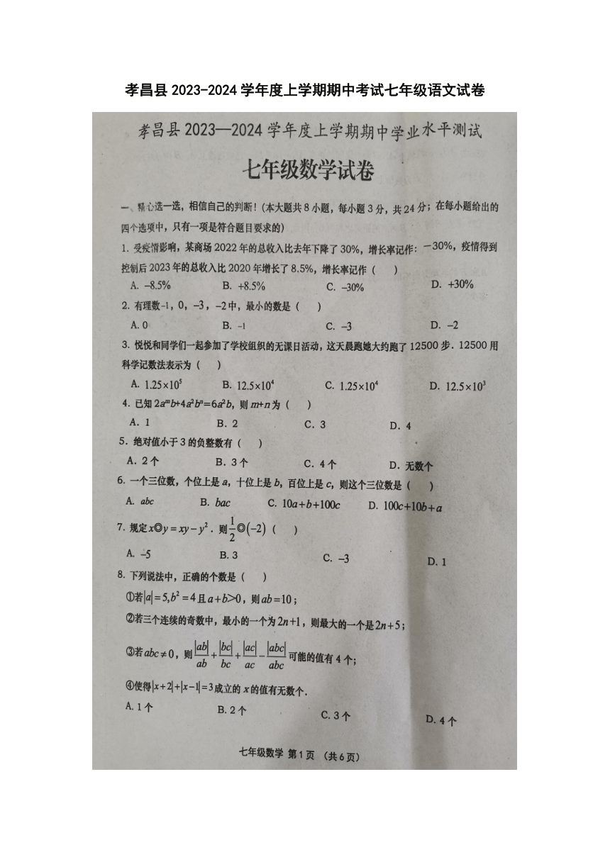 湖北省孝感市孝昌县2023-2024学年七年级上学期期中考试数学试题（图片版，含答案）