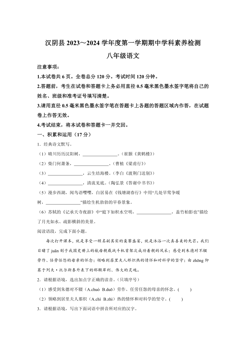陕西省安康市汉阴县2023-2024学年八年级上学期期中语文试题（含解析）