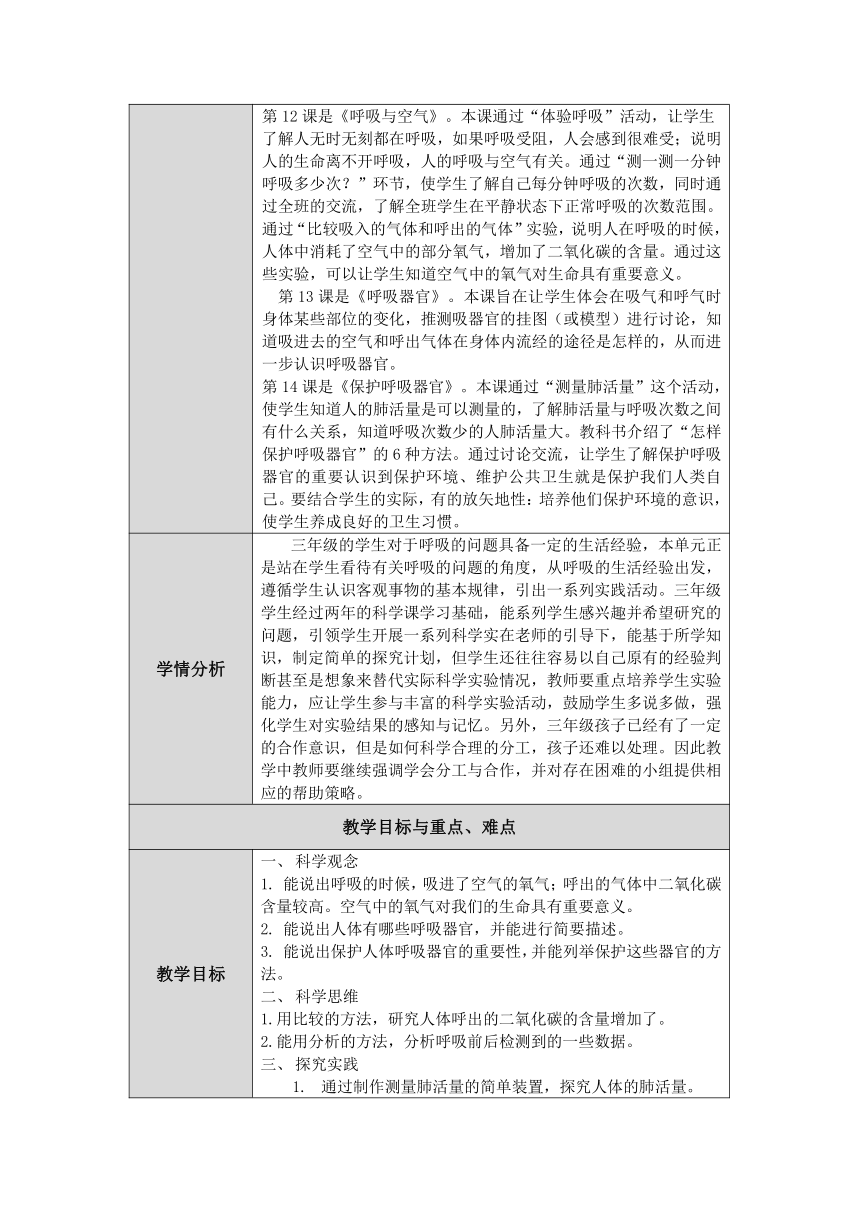 人教版鄂教版小学科学三年级上册四单元《我们的呼吸》单元备课 （表格式）