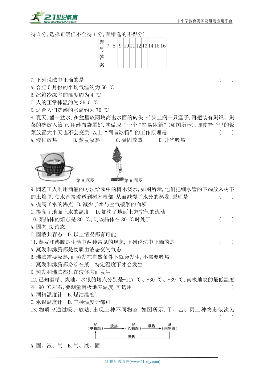 2024沪科版九年级物理全一册单元测试卷--第十二章　温度与物态变化 (含解析）