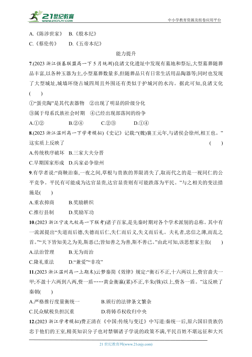 2024历史学业水平考试专题练--优化集训1 从中华文明起源到秦汉统一多民族封建国家的建立与巩固（含答案）