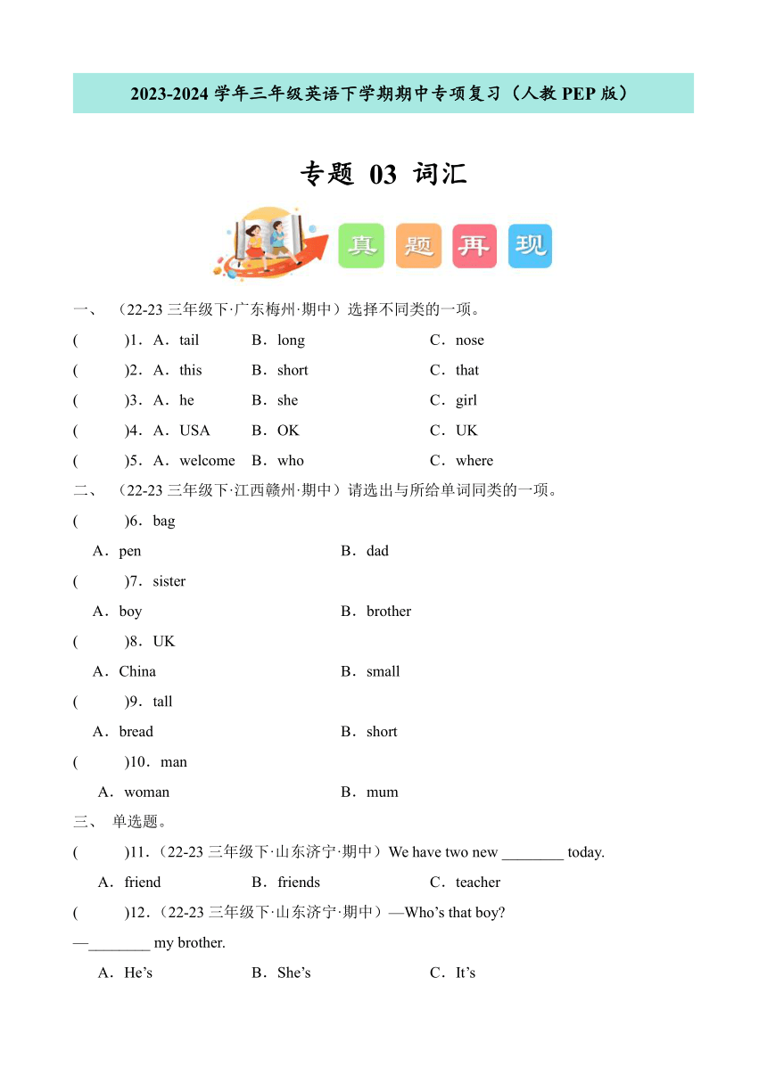 2023-2024学年人教PEP版三年级英语下学期期中专项复习词汇（含答案）