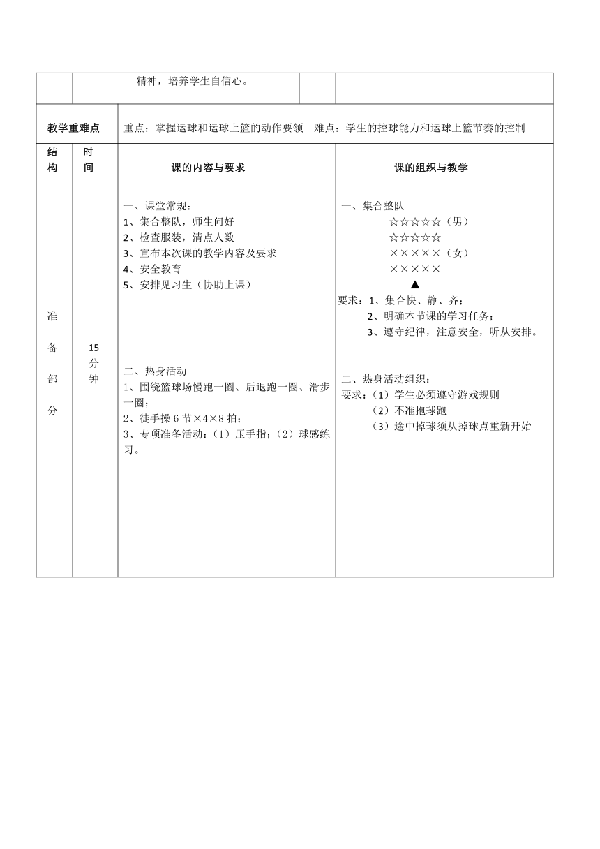 人教版体育三年级下册篮球运球 教学设计 （表格式）