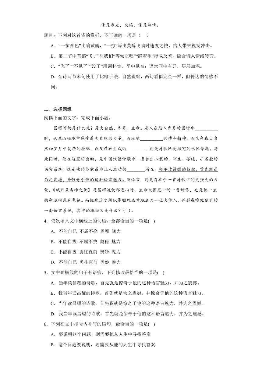 2.3《峨日朵雪峰之侧》同步练习（含答案）2023-2024学年统编版高中语文必修上册