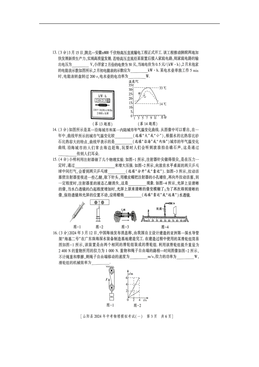 2024年陕西省商洛市山阳县中考一模物理试题（图片版无答案）