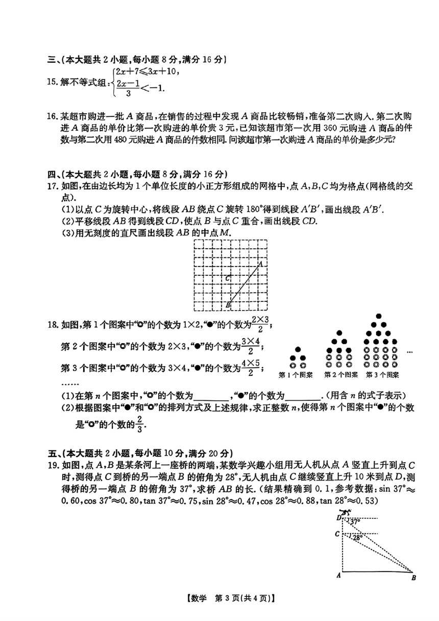 2024年安徽省合肥市长丰县九年级中考一模数学试卷（PDF含答案）