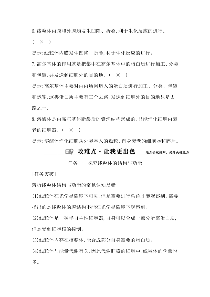 浙科版（2019）生物必修一 第二章第三节课时1　核糖体、内质网、高尔基体、溶酶体及线粒体的结构与功能学案(有答案)