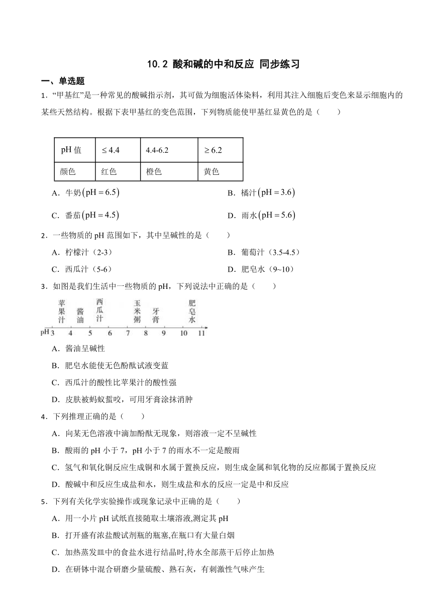 10.2 酸和碱的中和反应 同步练习（含答案）---2023-2024学年九年级化学人教版下册