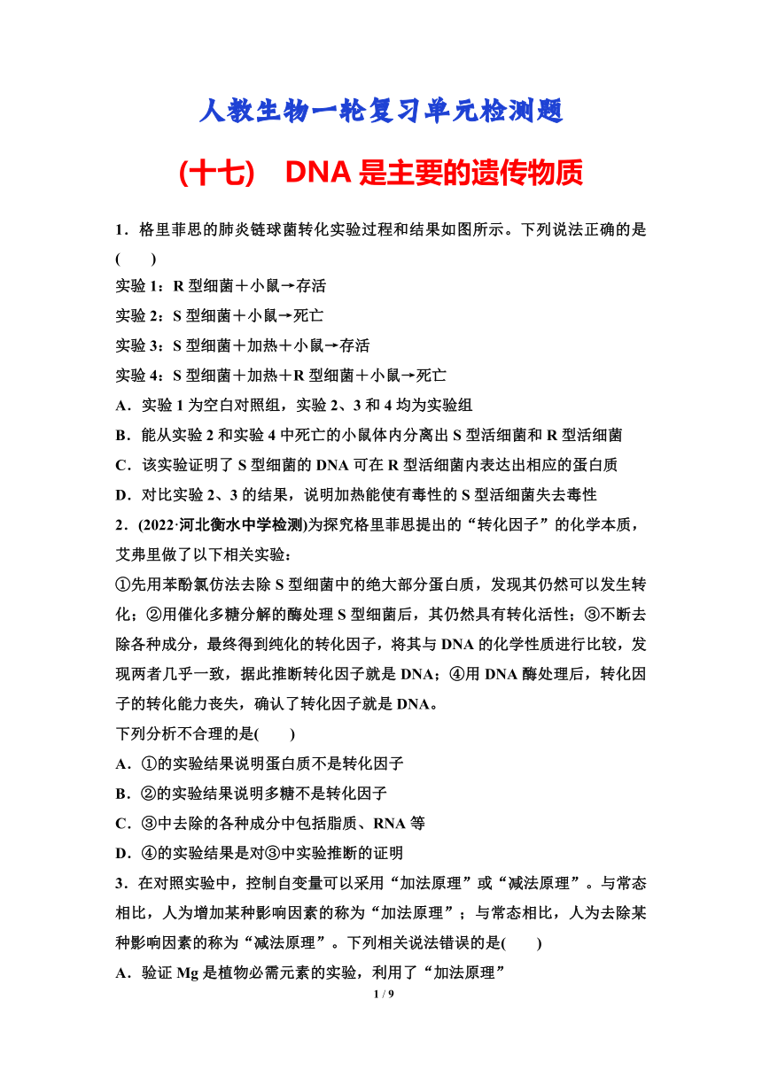 人教版（2019)高中生物一轮复习检测题：专题17　DNA是主要的遗传物质（含解析）
