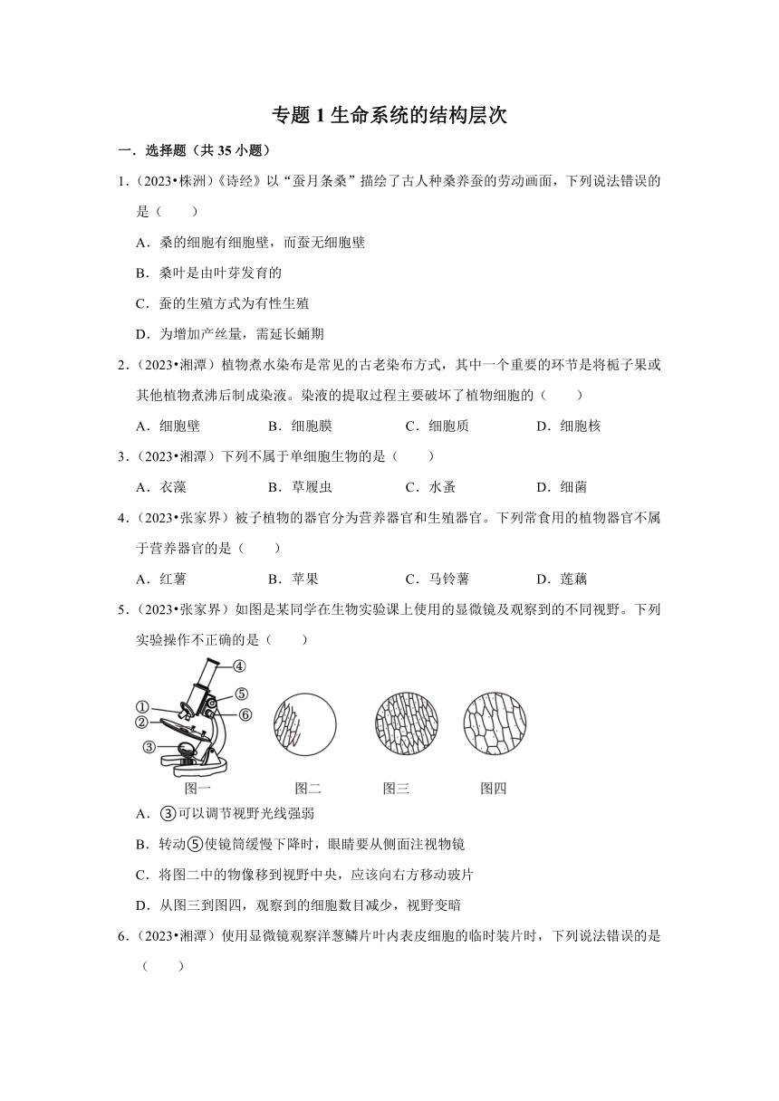 专题1生命系统的结构层次——2022-2023年湖南省中考生物试题分类（含解析）