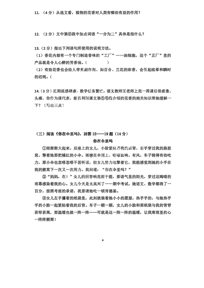 黑龙江省哈尔滨市长江路风华中学2023-2024学年六年级语文上学期期中测试（图片版 有答案）