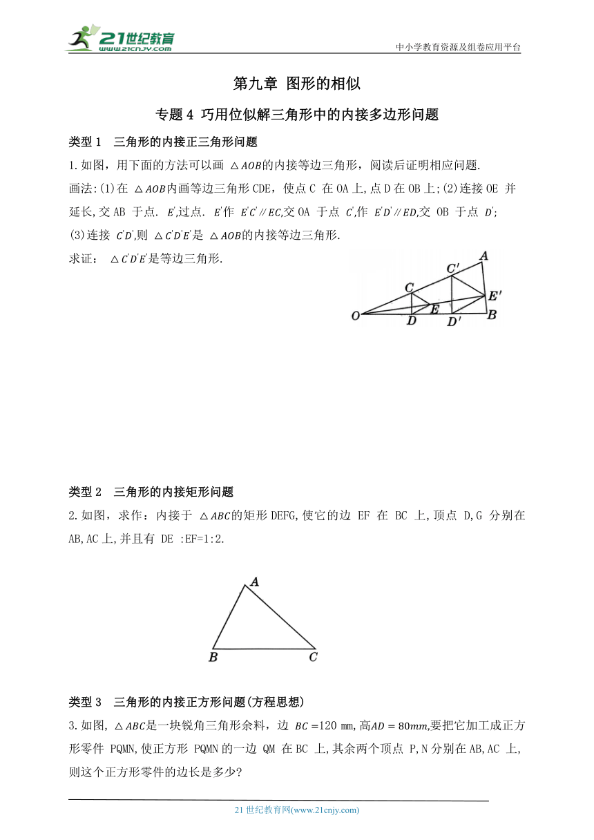 第九章 图形的相似专题4 巧用位似解三角形中的内接多边形问题（含答案）