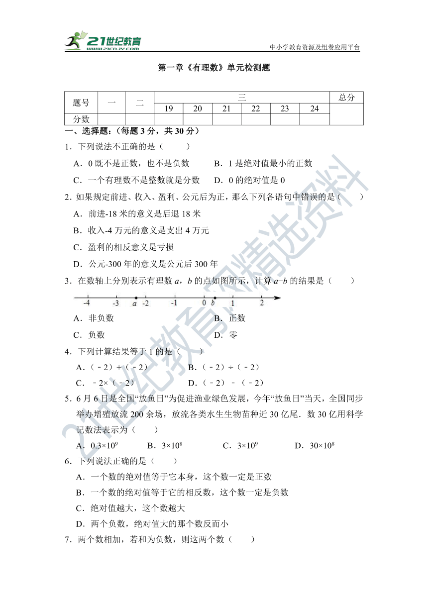 第一章 有理数单元测试题（含答案）