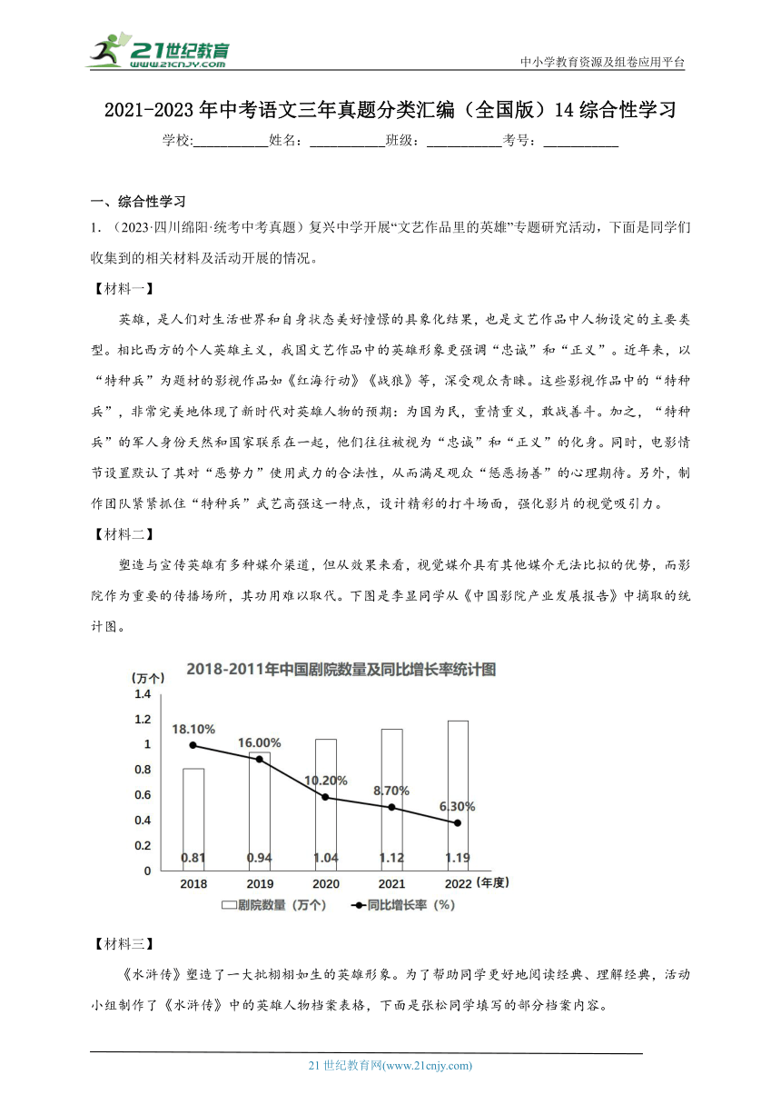 2021-2023年中考语文三年真题分类汇编（全国版）14综合性学习 试卷（含答案解析）