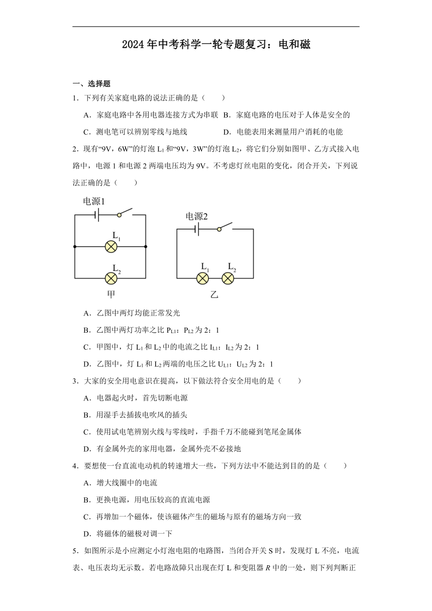 2024年中考科学一轮专题复习：电和磁（含解析）