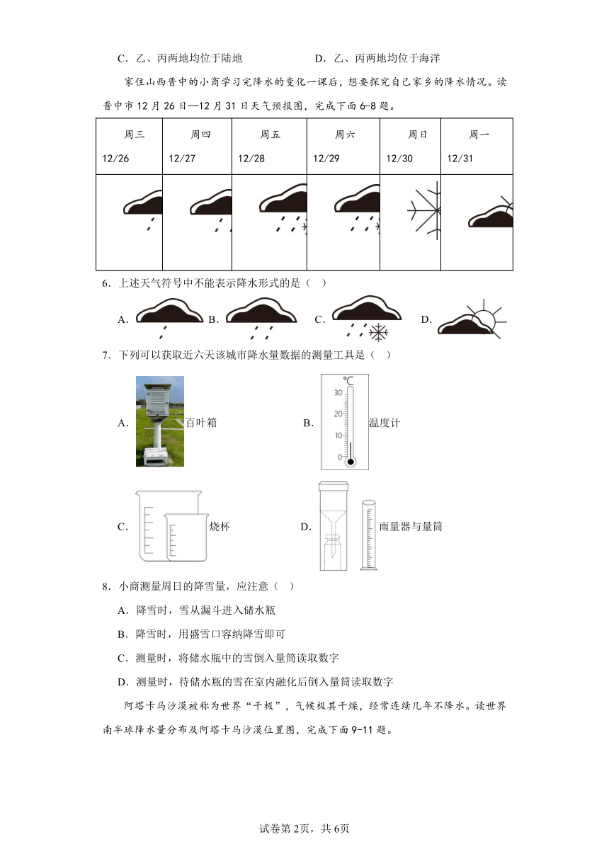 2023-2024年人教版地理七年级上册第三章《天气与气候》同步训练（含答案）