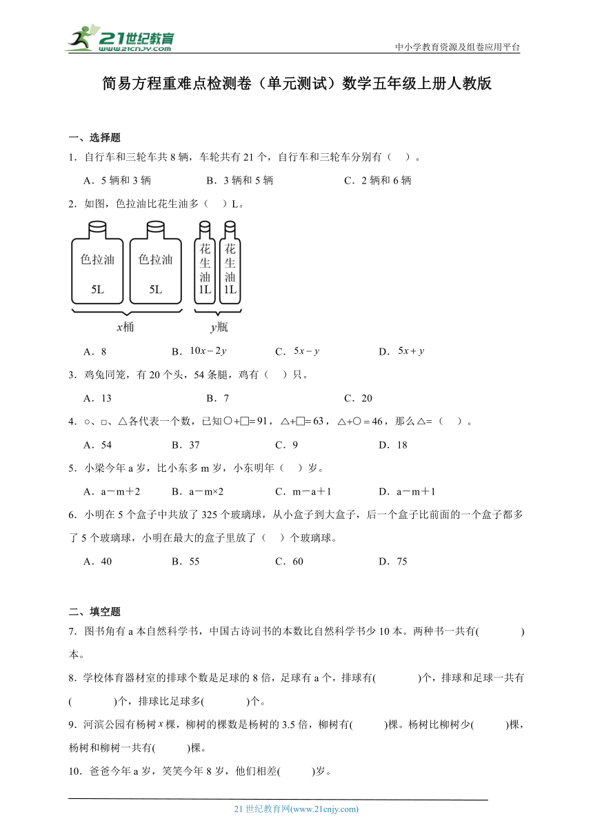 简易方程重难点检测卷（单元测试）数学五年级上册人教版（含解析）