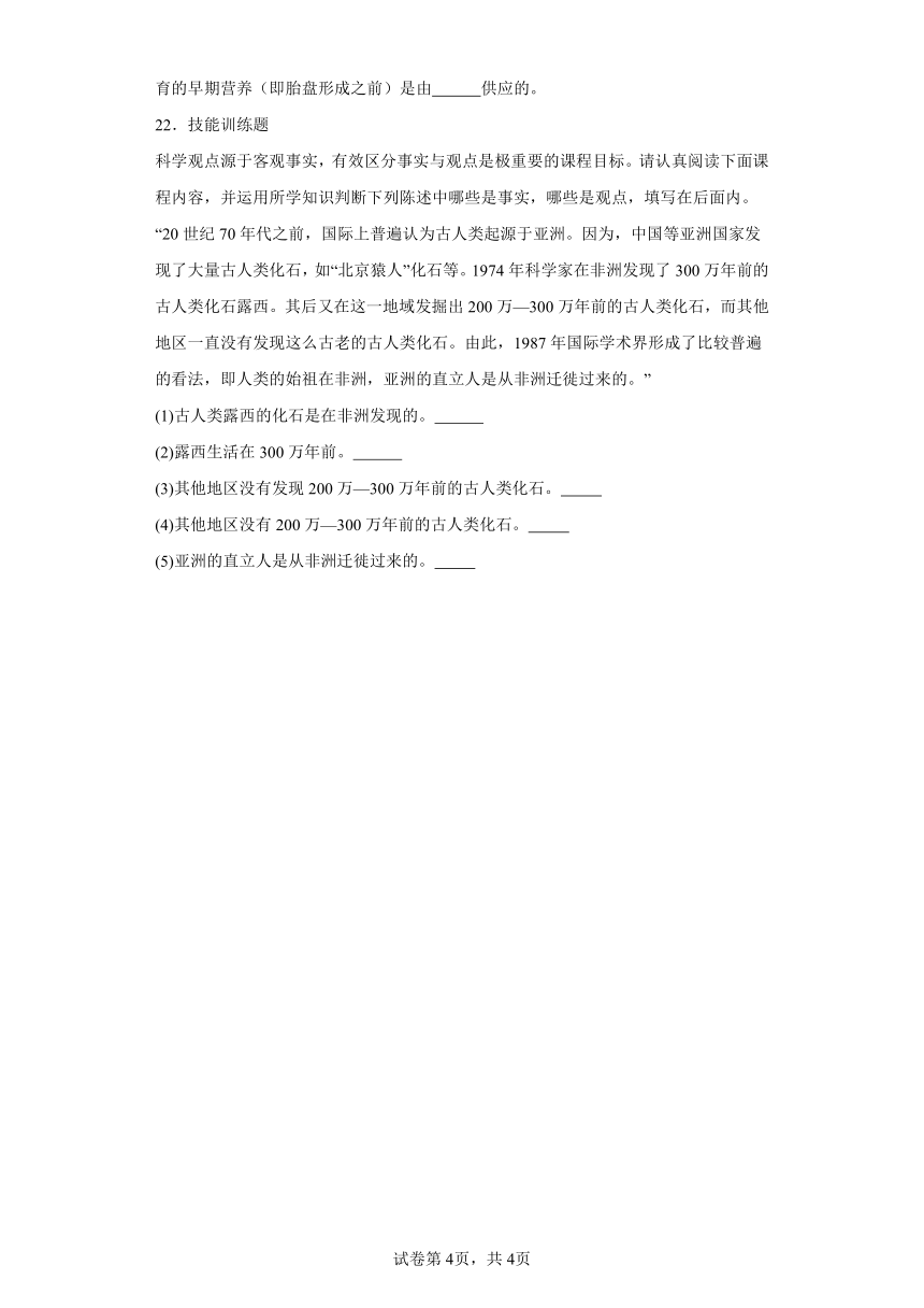 4.1人的由来同步练习（含解析）2023-2024学年鲁科版（五四学制）七年级上册生物