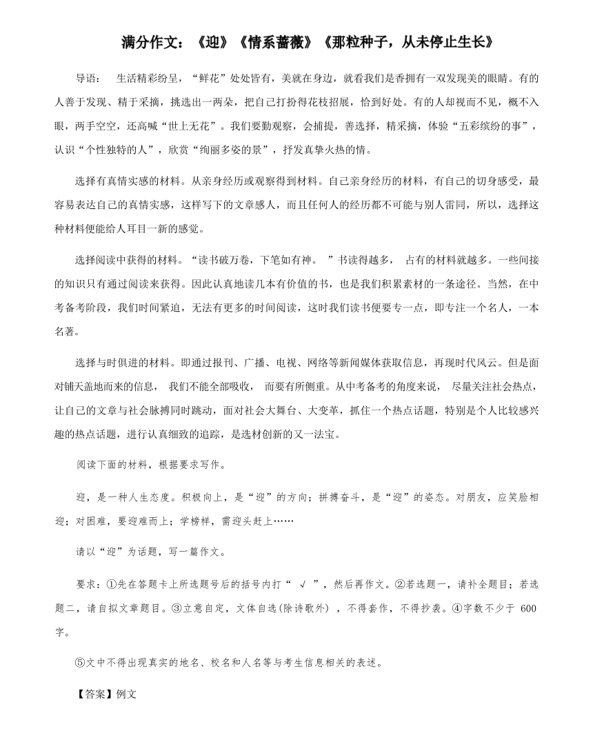 满分作文：《迎》《情系蔷薇》《那粒种子，从未停止生长》 2024年初中中考语文满分写作（素材）