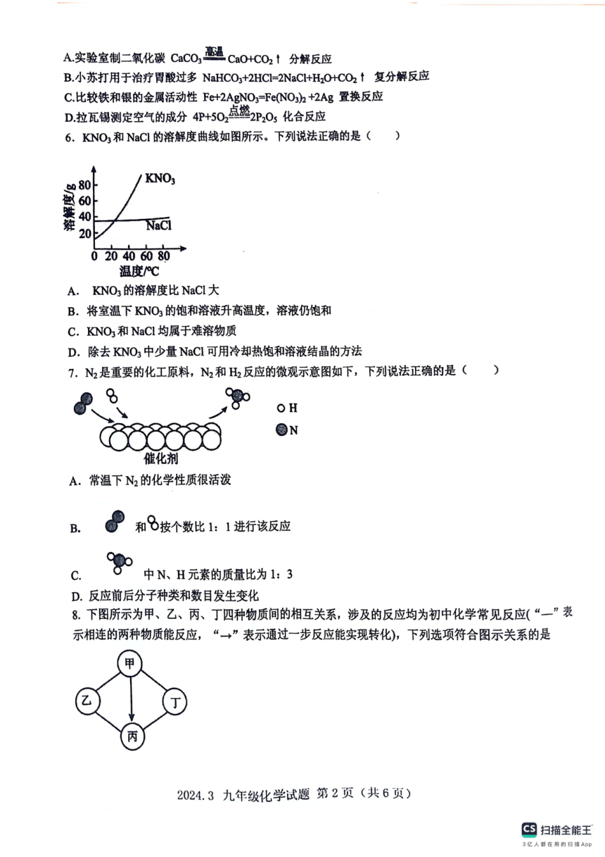 山东省济宁市梁山县寿张集镇中学2024年3月九年级第一次模拟化学试题（图片版，含答案）