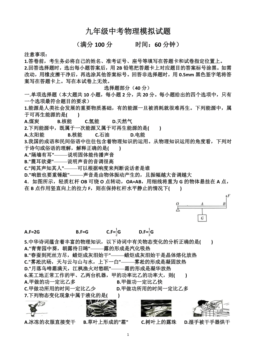 山东济南九年级中考物理模拟试卷（含答案）（适用沪科版）