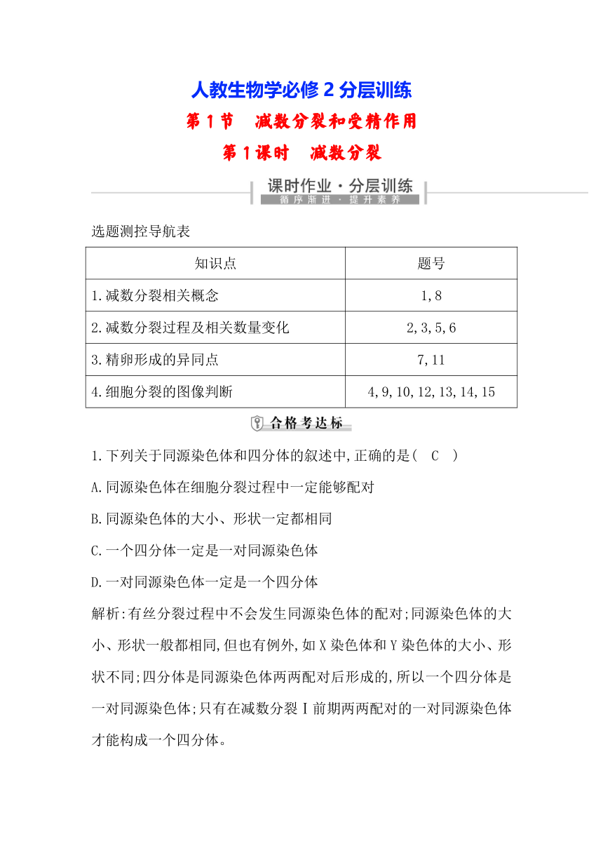 人教生物学必修2分层训练：2-1　减数分裂和受精作用 第1课时　减数分裂（含解析）