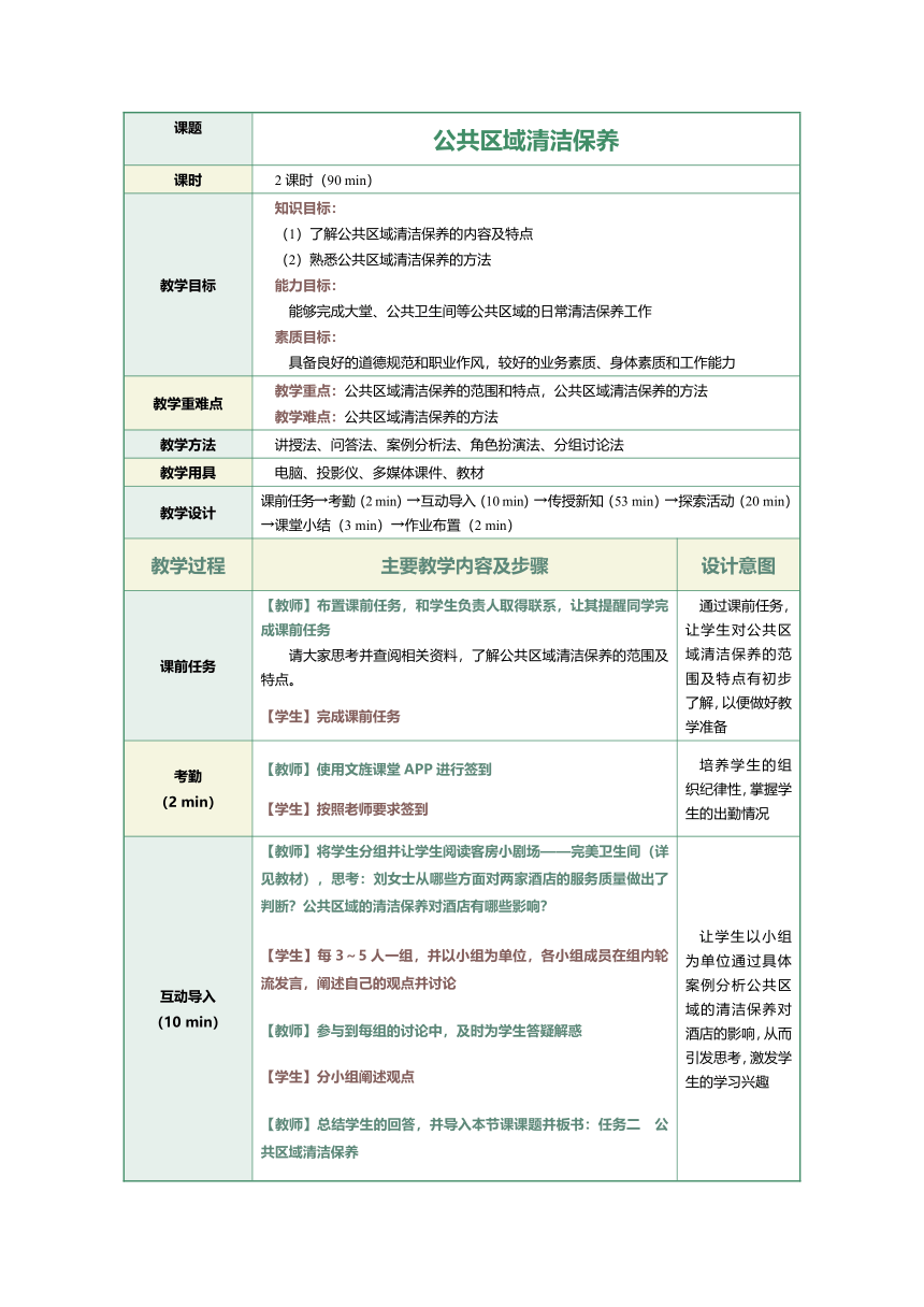 1.16公共区域清洁保养 教案（表格式）《前厅客房服务与管理》（江苏大学出版社）