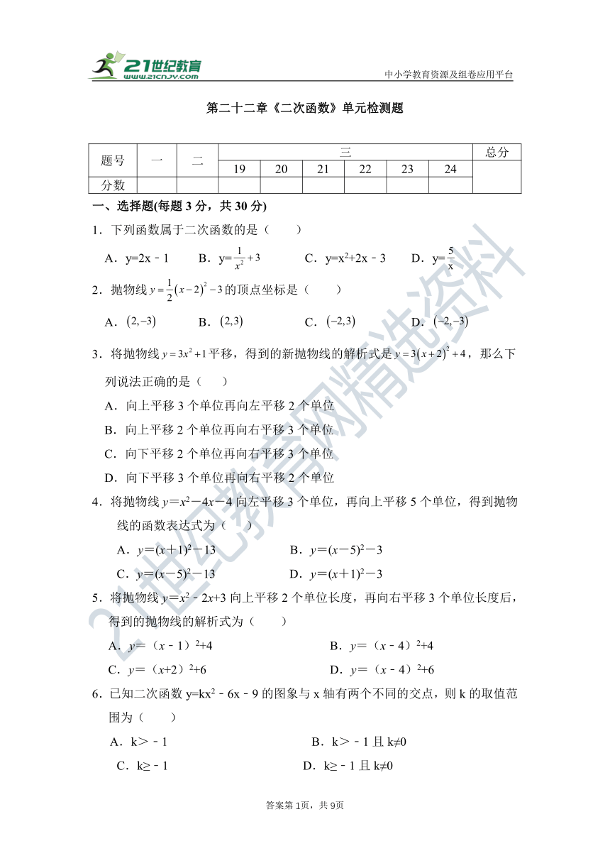 第二十二章　二次函数单元 检测试题（含答案）