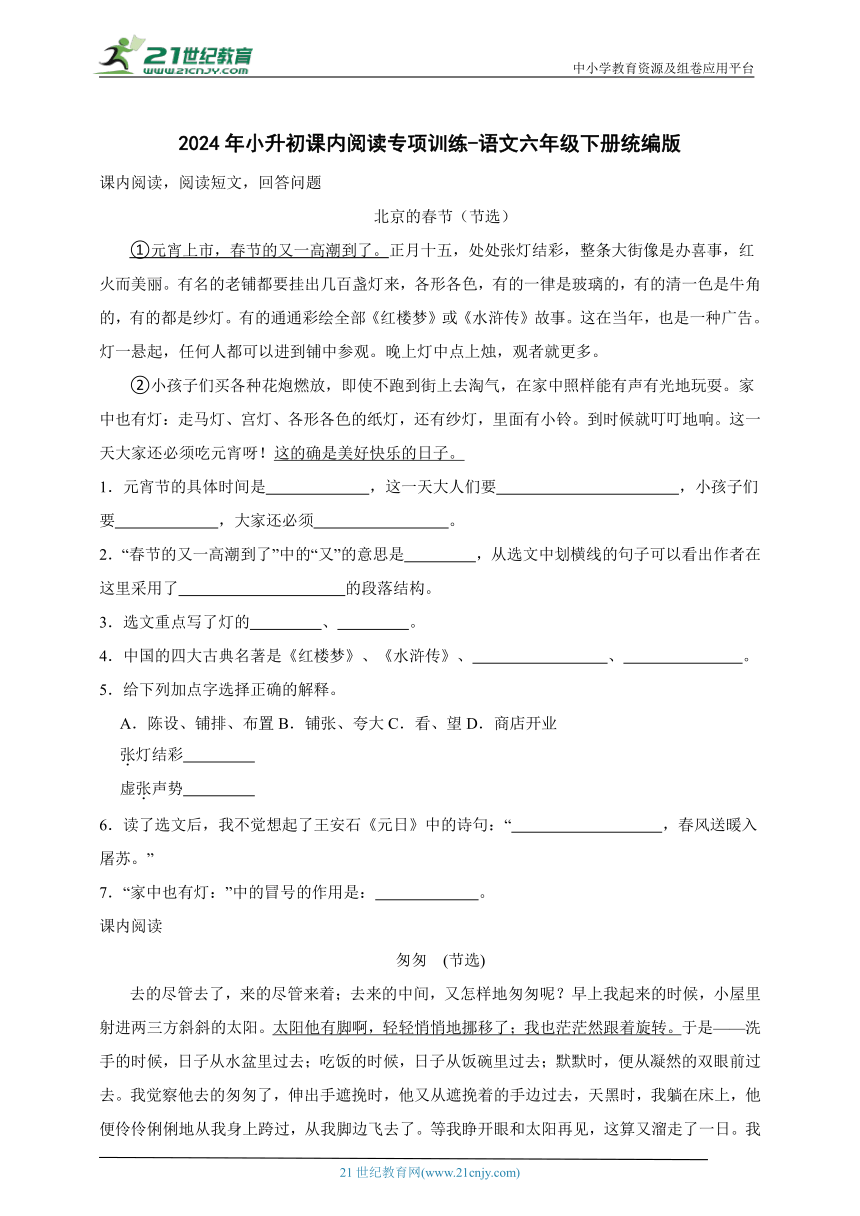 统编版语文六年级下册2024年小升初课内阅读专项训练-（含答案）