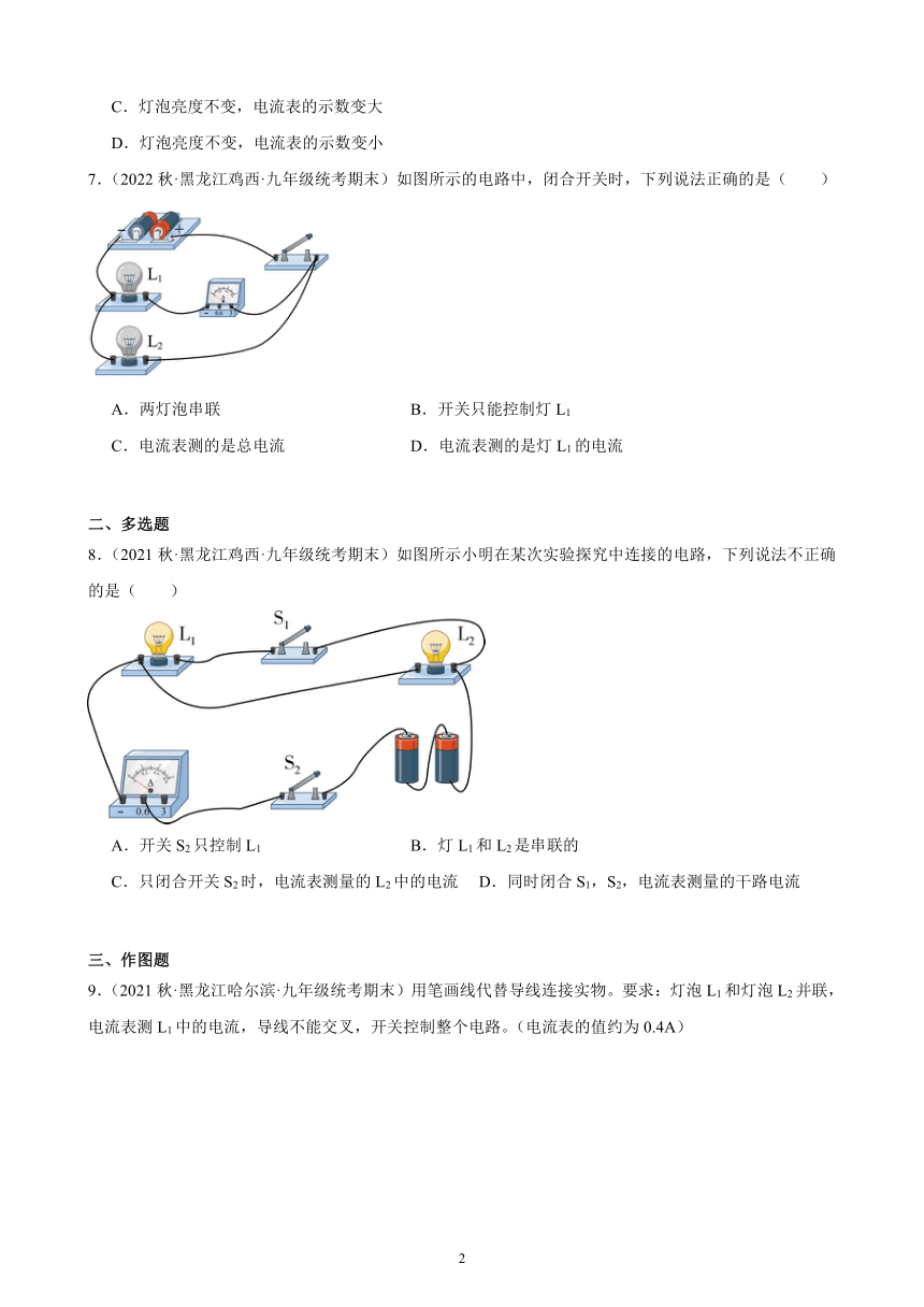 15.4 电流的测量 同步练习(含解析) 2022-2023学年上学期黑龙江省各地九年级物理期末试题选编