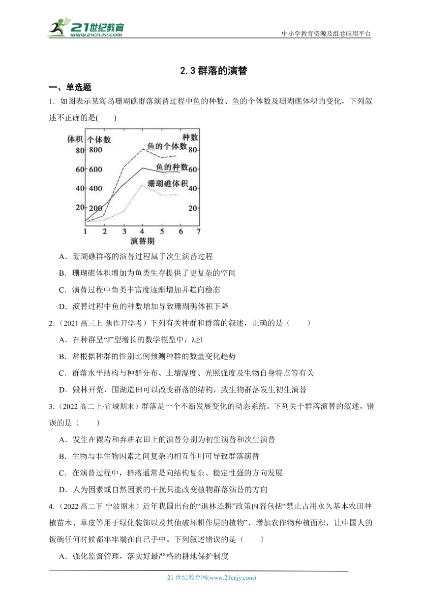 人教版（2019）高中生物选修2生物与环境2.3群落的演替章节综合必刷题（含解析）