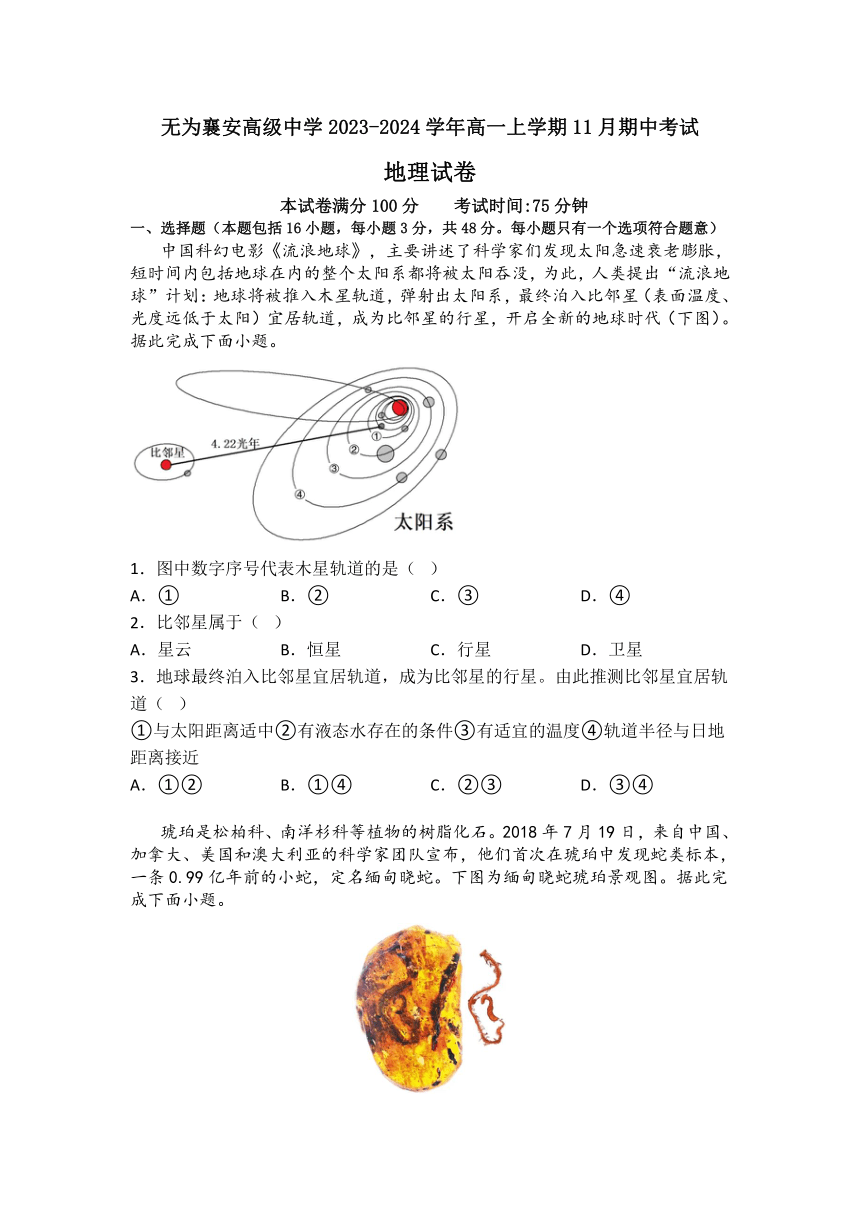 安徽省无为襄安高级中学2023-2024学年高一上学期11月期中考试地理试题（含答案）