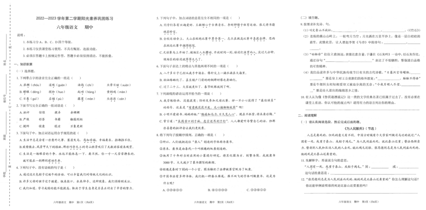 广东省深圳市宝安区振兴学校2022-2023学年六年级下学期期中练习语文试题（图片版 无答案）