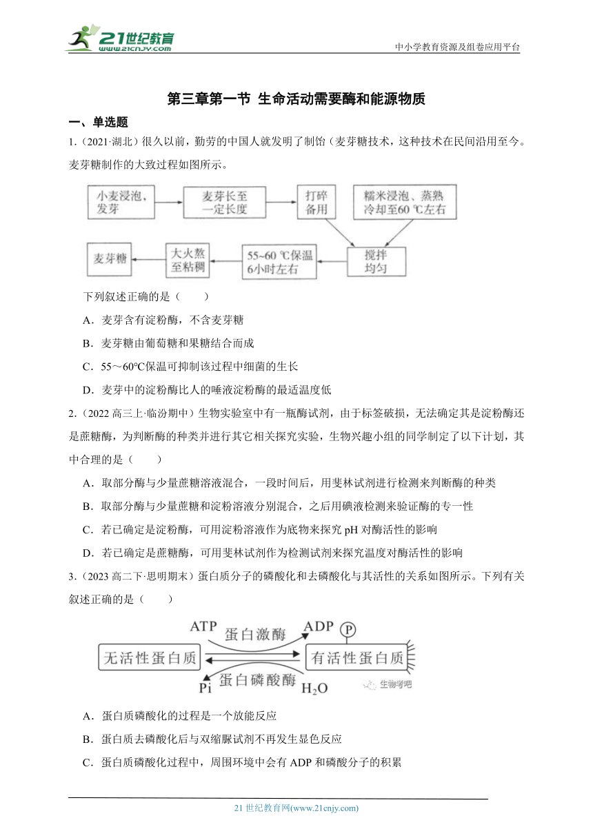 2023-2024学年高一上学期苏教版（2019）高中生物必修1第三章第一节生命活动需要酶和能源物质综合练习题（含解析）