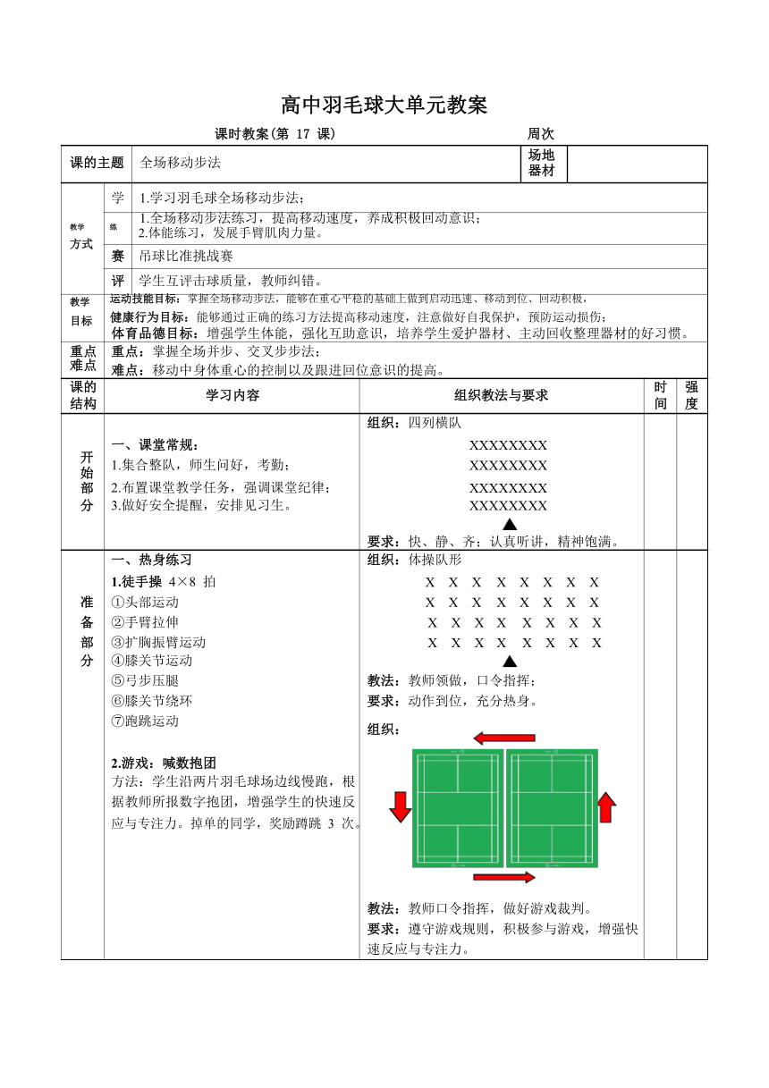 人教版高一体育羽毛球大单元（全场移动步法）教案（表格式）