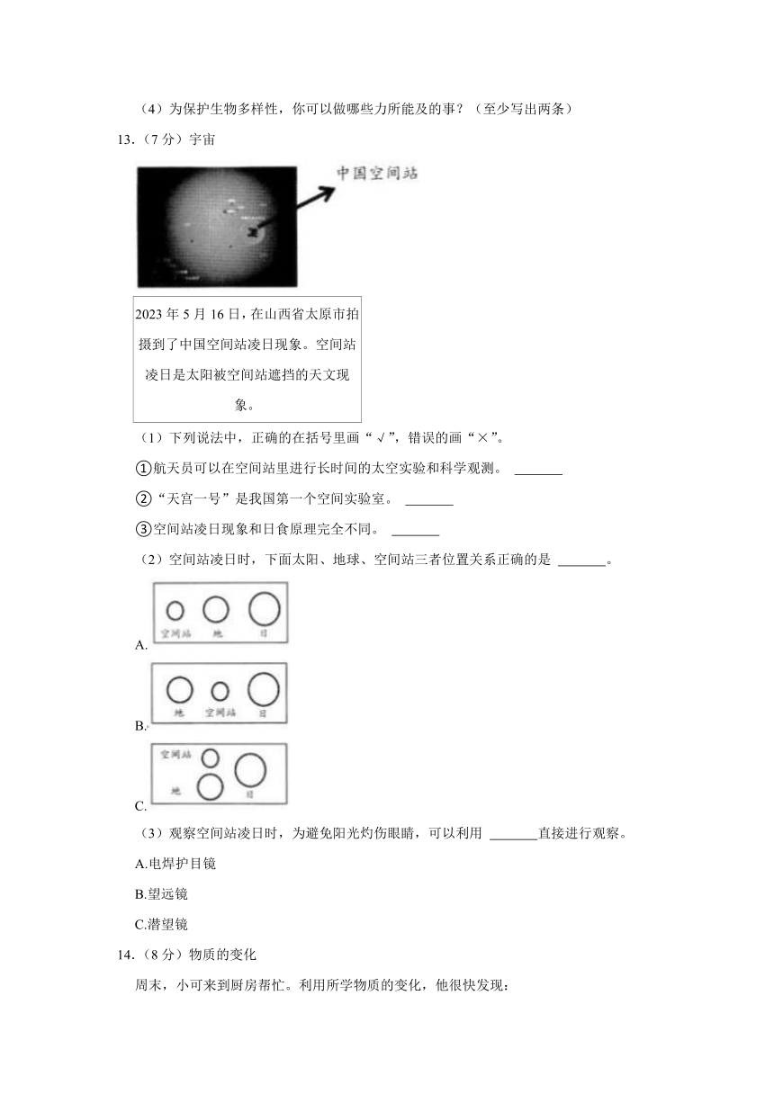 2023年山西省晋城市城区小升初科学试卷（文字版含答案解析）