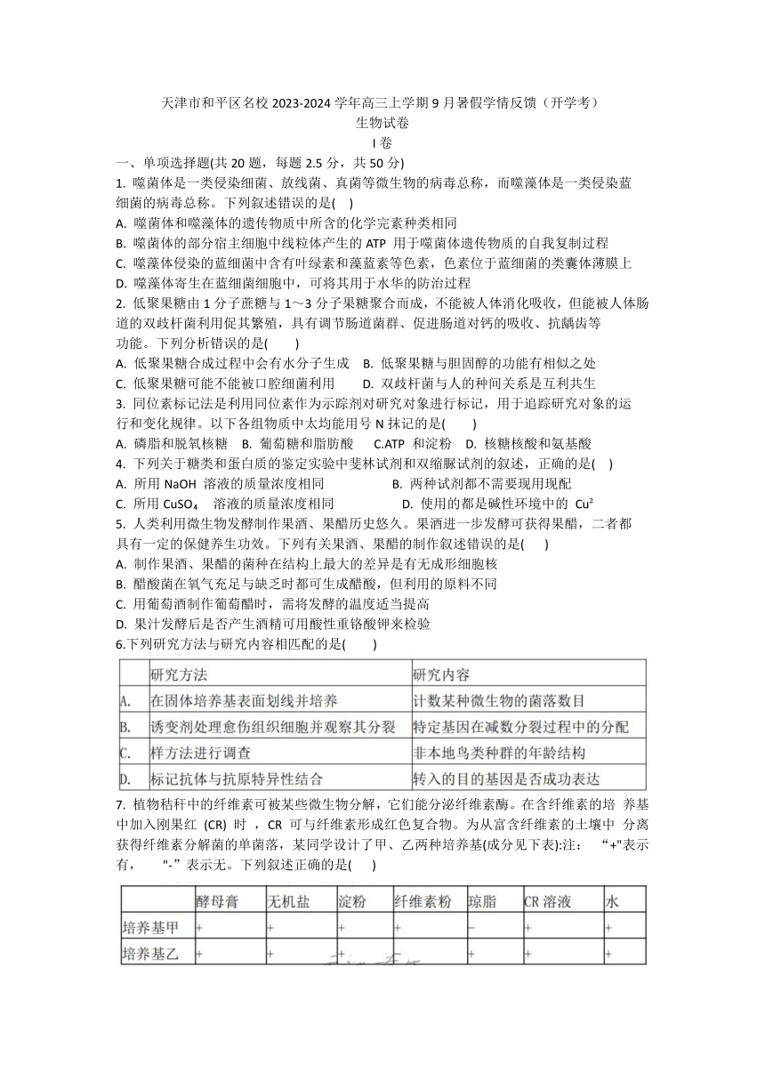 天津市和平区名校2023-2024学年高三上学期9月暑假学情反馈（开学考）生物学试卷（Word版含答案）