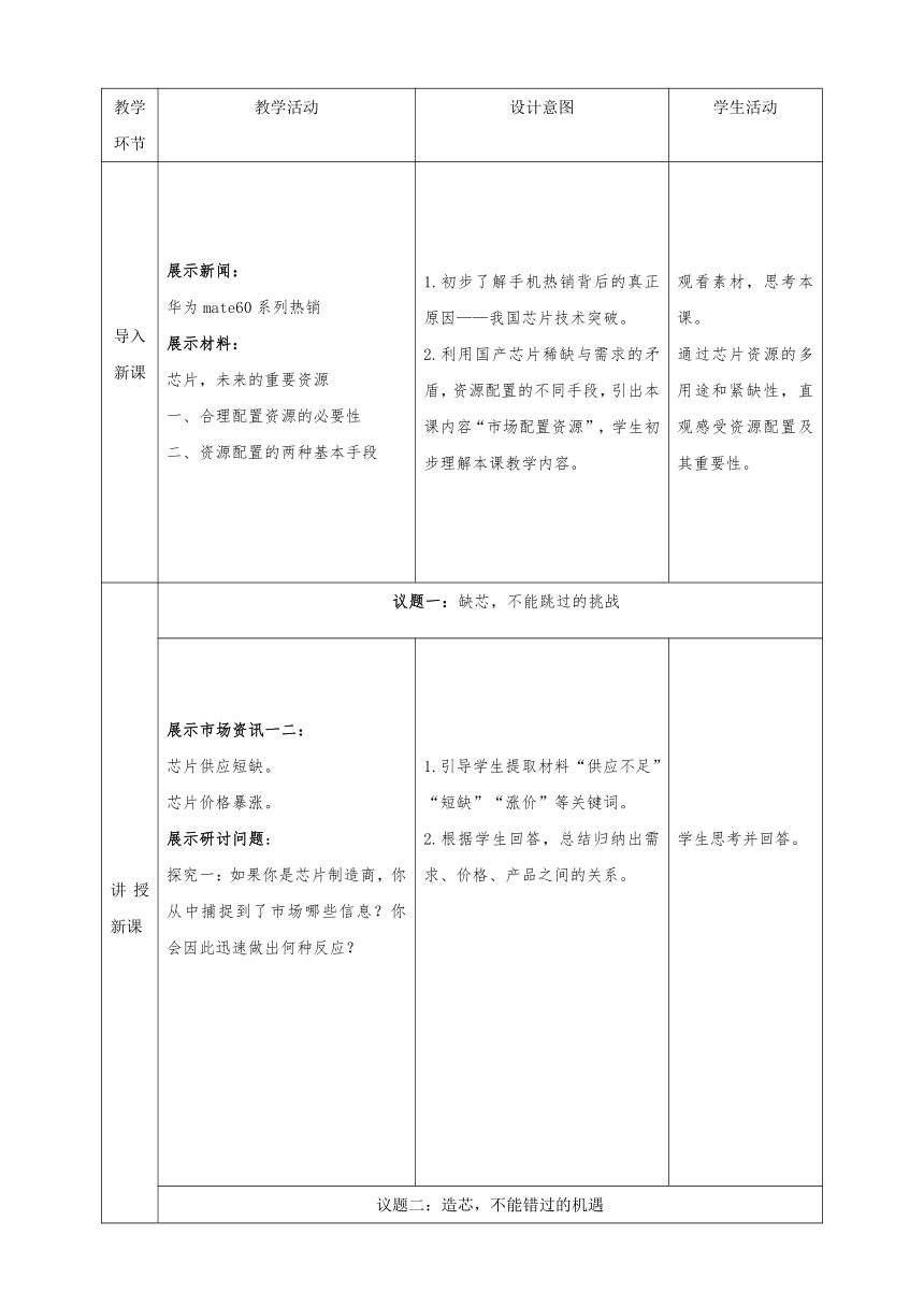 【核心素养目标】2.1 充分发挥市场在资源配置中的决定性作用 教案（表格式）-2023-2024学年高中政治统编版必修二经济与社会