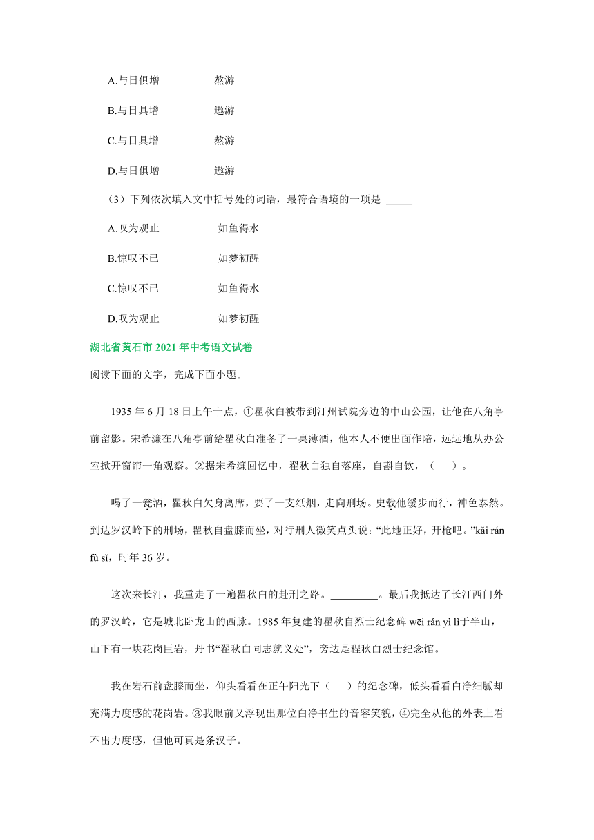 湖北省黄石市三年（2021-2023）中考语文试卷分类汇编：字音字形词语运用（含解析）