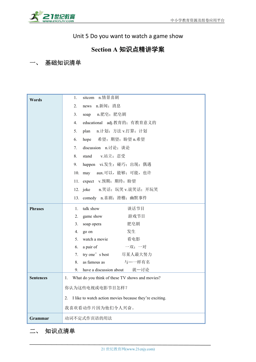 Unit 5 Do you want to watch a game show Section A 知识点精讲学案