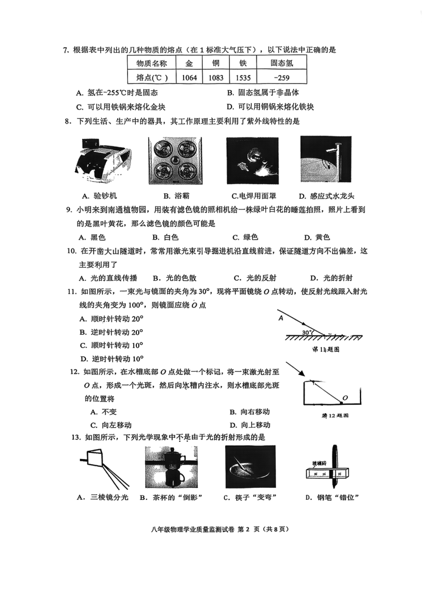 江苏省南通市2023-2024学年八年级上学期11月期中物理试题（PDF版无答案）