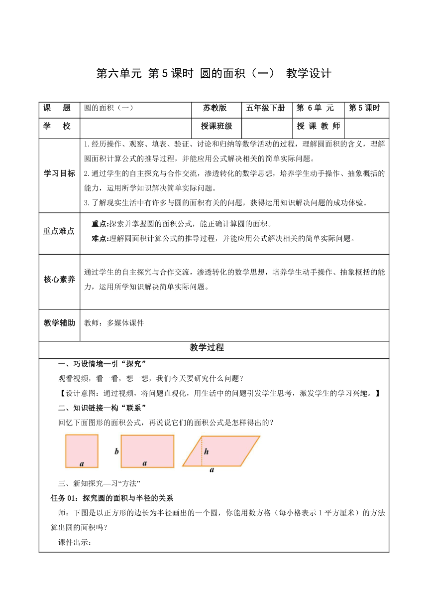 五年级数学下册苏教版第六单元 第5课时 圆的面积（一）（教学设计）[核心素养目标]（表格式）