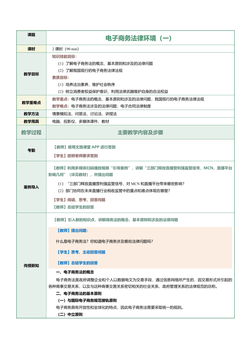 第25课电子商务法律环境（一）教案（表格式）《电子商务》（上海交通大学出版社）