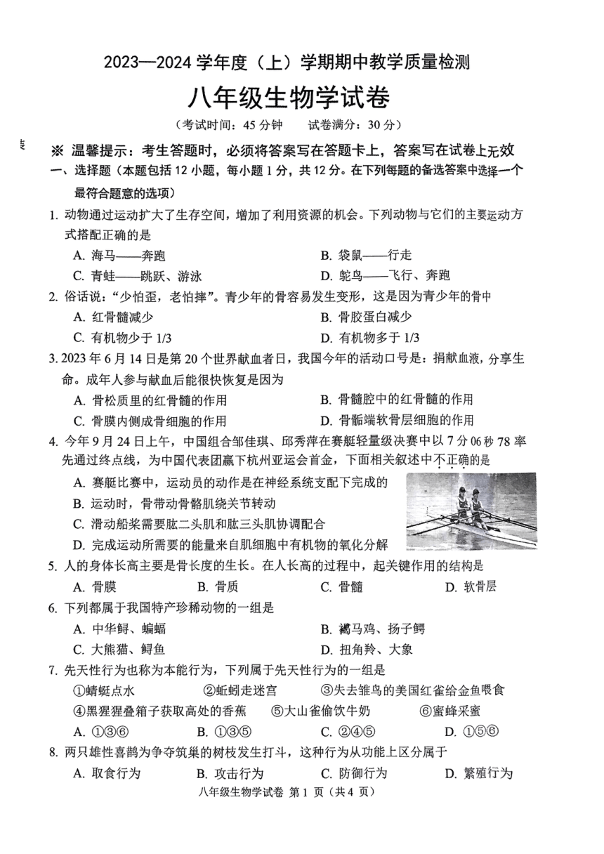 辽宁省抚顺市抚顺联考2023-2024学年八年级上学期期中生物试题（pdf版无答案）